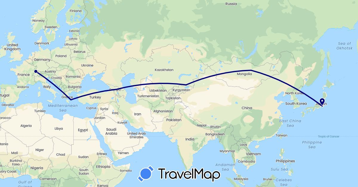 TravelMap itinerary: driving in France, Georgia, Greece, Japan, Kazakhstan, Mongolia (Asia, Europe)